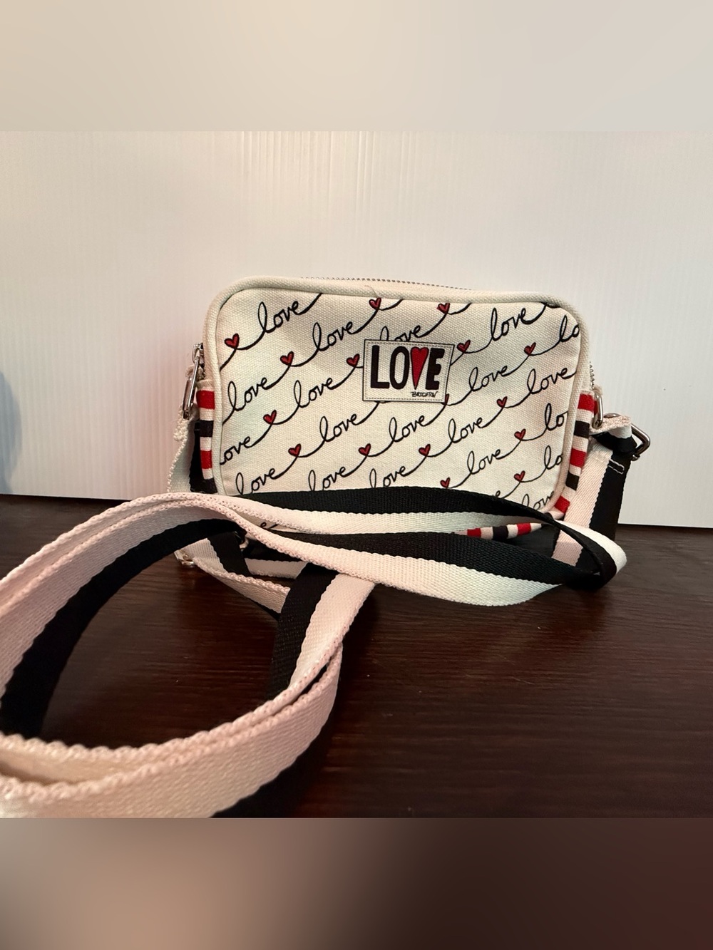 Brighton White Crossbody Bag with Red Hearts and Black Script